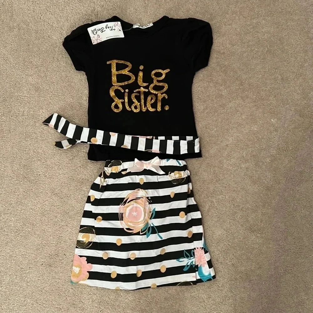 Big sister T-shirt with floral skirt size 2T black & pink NWT big sister outfit
